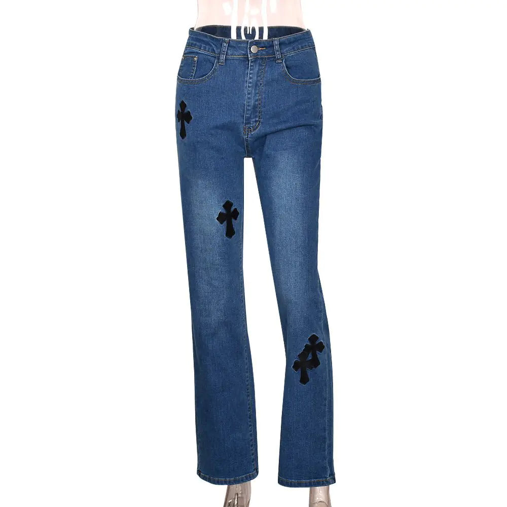 Embroidered High Waist Straight Leg Jeans