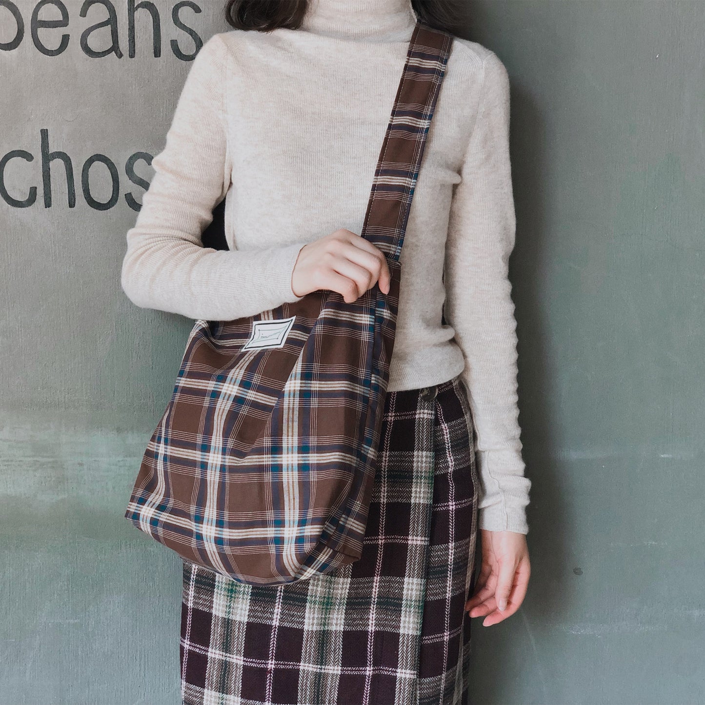 Künstlerische Plaid Stoff Tasche Leinwand Doppel-schicht Schulter Crossbody Dual-use-