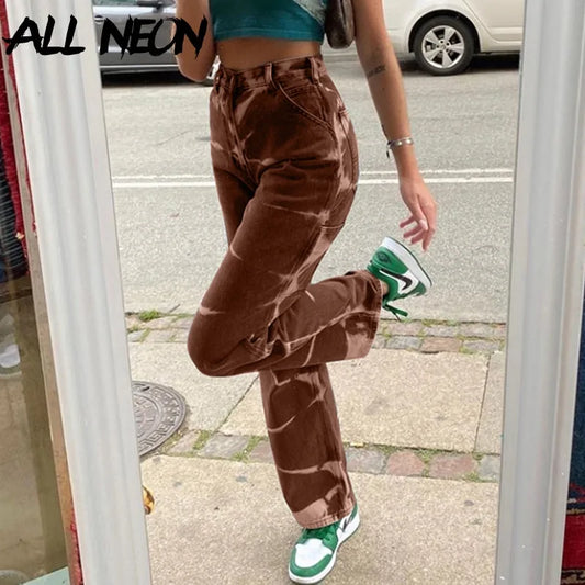 ALLNeon Vintage Tie Dye High Waist Jeans: Y2K Aesthetics Brown Denim Trousers