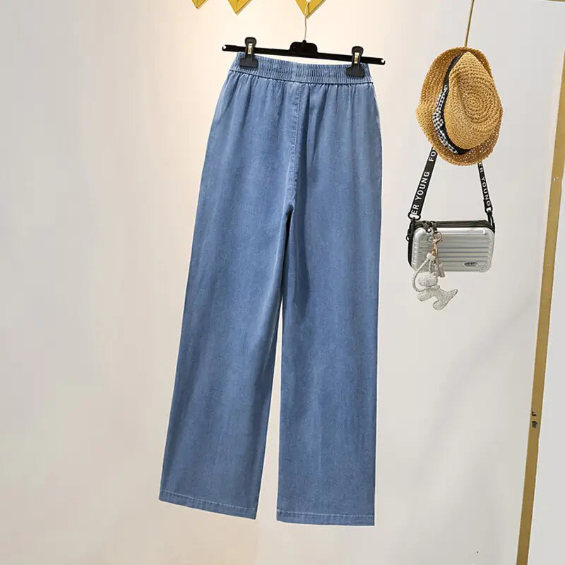 Soft Ice Silk Jeans Women High Waist Wide Leg Pants