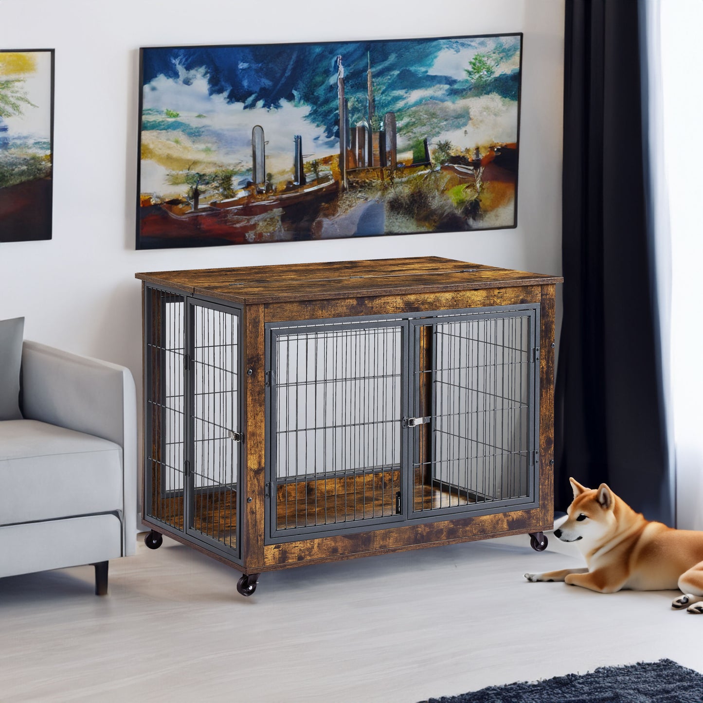 Möbel-Hundekäfig mit Doppeltüren, rustikales Braun, 38,58'' B x 25,2'' T x 27,17'' H