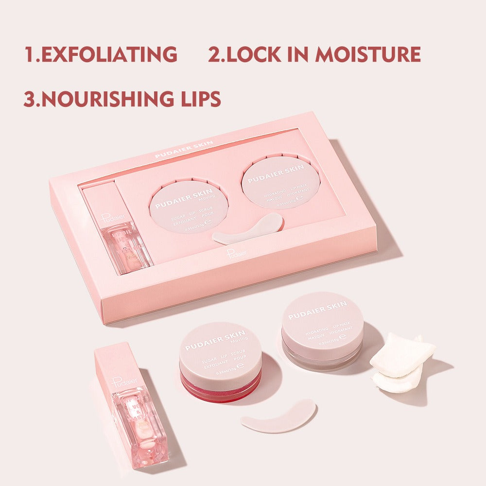 Pudaier Lippenpflegeset, Peeling, Lippenpeeling, feuchtigkeitsspendende Lippenmaske, Lippenöl, Lippenstift