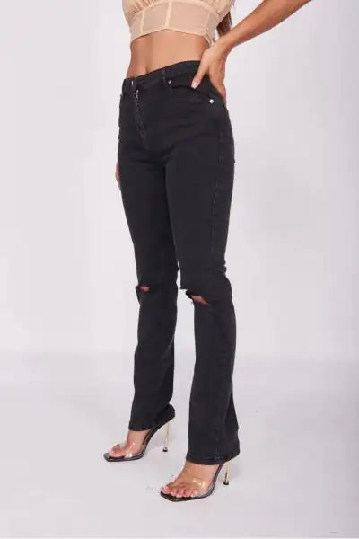 Charcoal Distressed Knee Rip Straight Leg Jeans