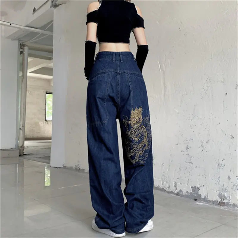 American retro street loose embroidered straight leg jeans