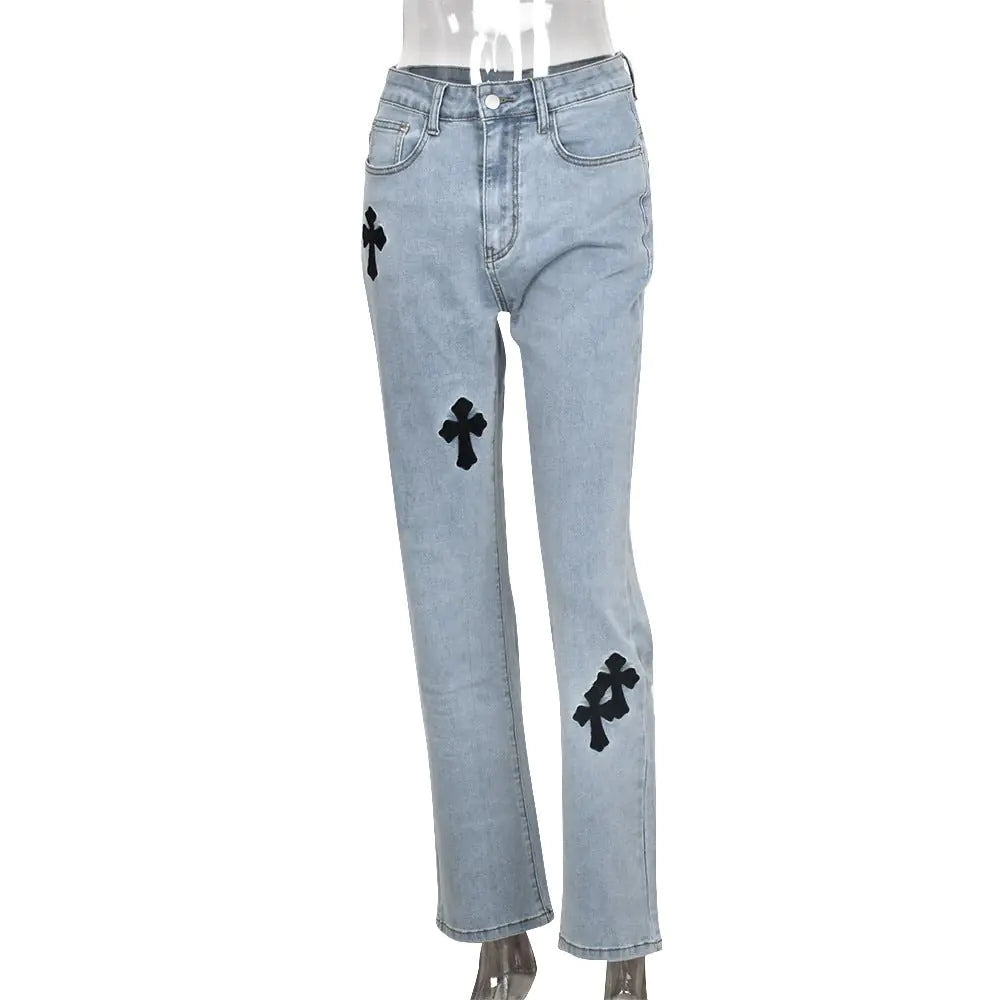 Embroidered High Waist Straight Leg Jeans