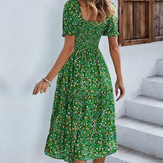 Strandkleid mit Blumenmuster und gesmokten Ärmeln, V-Ausschnitt, Mini, lange Ärmel