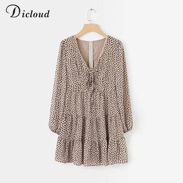 DICLOUD Sexy Leopard V-Ausschnitt Kleider Frauen Frühling Herbst Langarm A-Linie Rüschen Sommerkleid Chiffon Kurzes Partykleid Weiblich