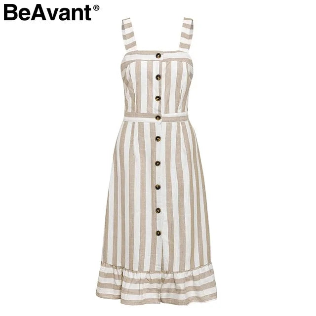 BeAvant Lässiges gestreiftes Leinen-Baumwollkleid für Damen mit Knopfleiste, Strand-Sommerkleid 2019, sexy rückenfreie Midikleider für Damen, Vestidos