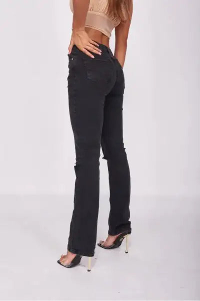 Charcoal Distressed Knee Rip Straight Leg Jeans