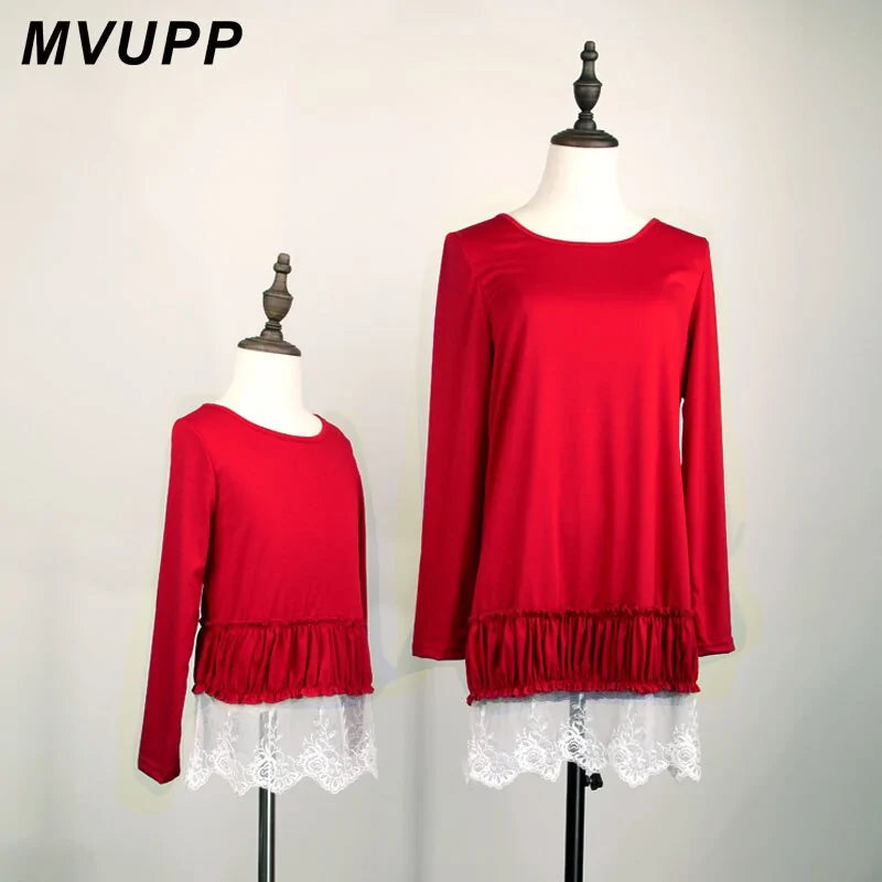 Mother Daughter Red Lace Patchwork Dresses