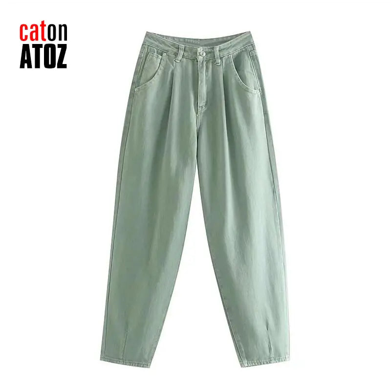 Green Pleated High-Waist Cargo Jeans