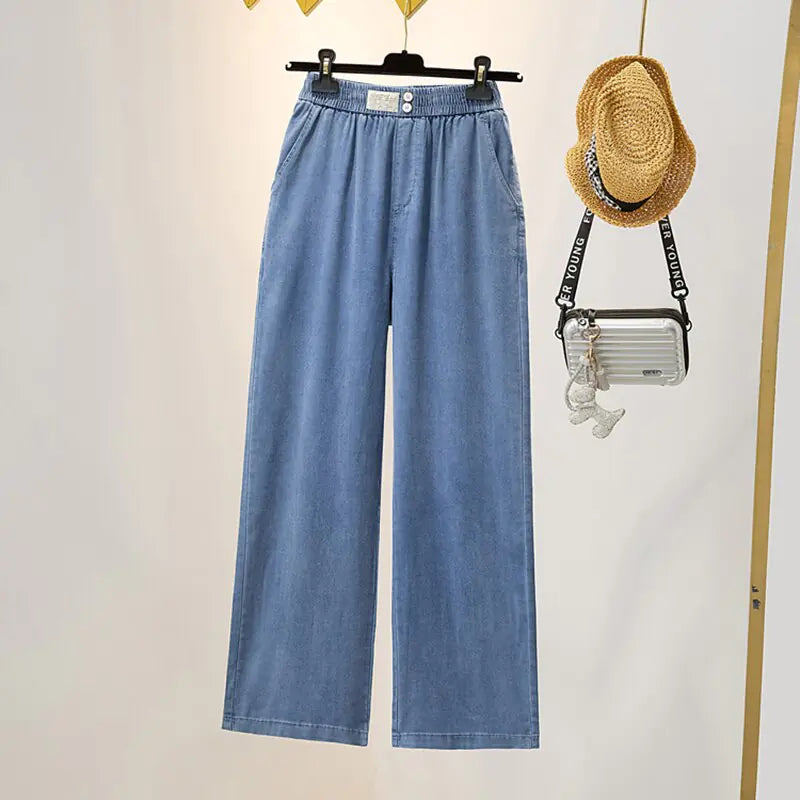 Soft Ice Silk Jeans Women High Waist Wide Leg Pants