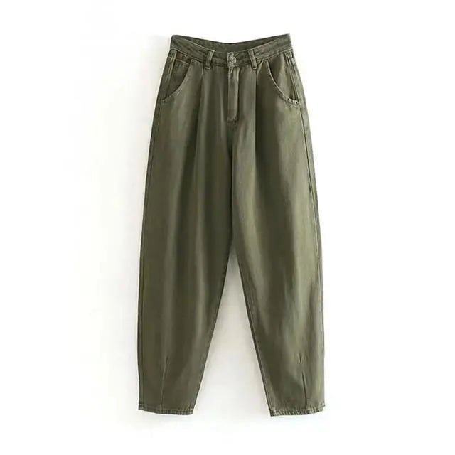 Green Pleated High-Waist Cargo Jeans