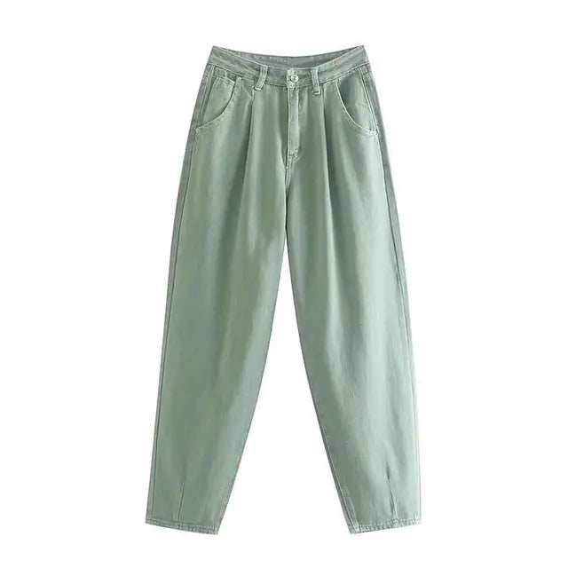 Green Pleated High-Waist Cargo Jeans