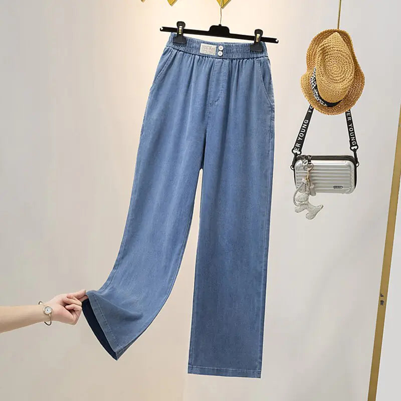 Soft Ice Silk Jeans Women High Waist Wide Leg Pants