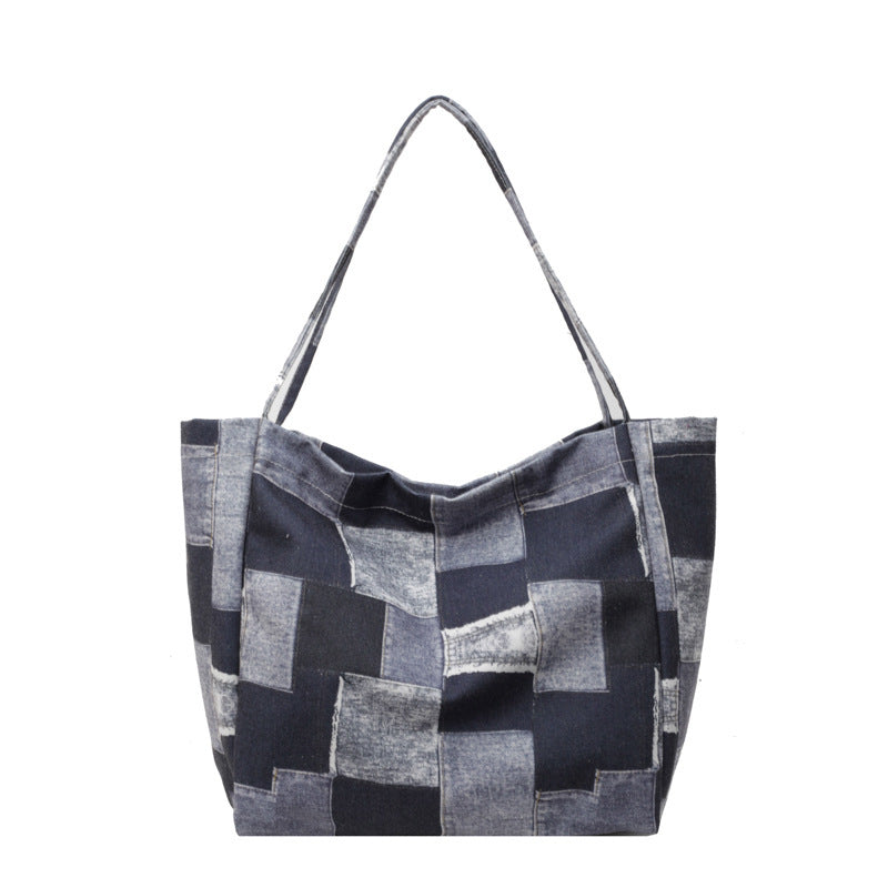 Women's Large Capacity Denim Color-contrast Check Idle Style Shoulder Commute Leisure Handbag