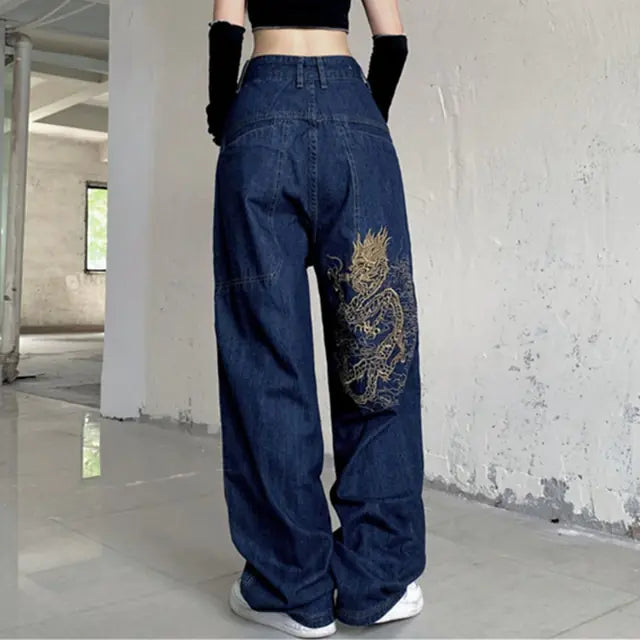 American retro street loose embroidered straight leg jeans